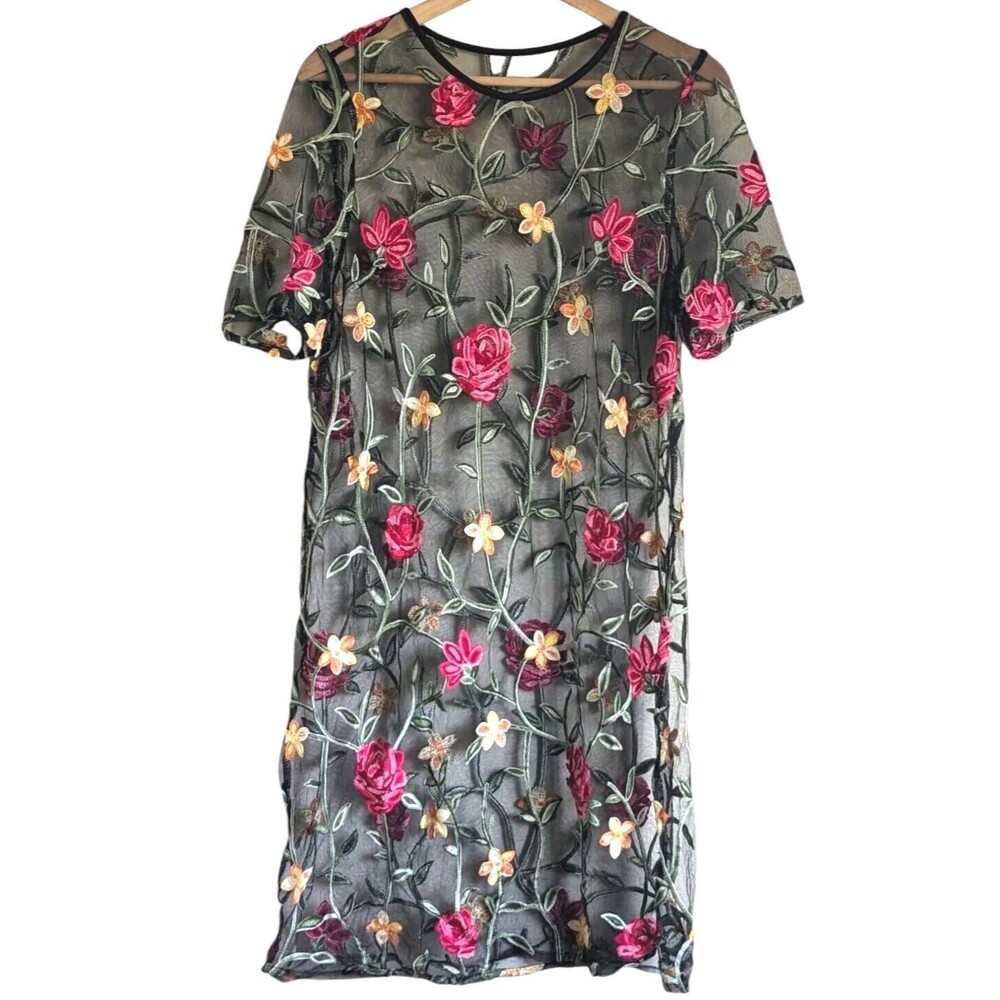 Womens 4 Black Mesh Embroidered Floral Overlay Edgy Sheer Dress Dark Whimsical